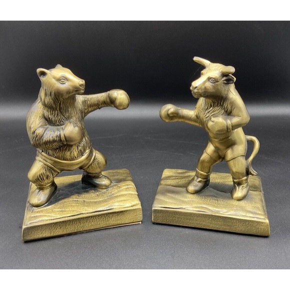 Bronze vintage USA Made stock market Bull & Bear boxing bookends rare sculpture - Picture 1 of 14